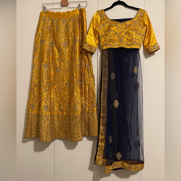 Yellow Embroidered Satin Lehenga (Semi-Stitched) - Picture 3 of 7